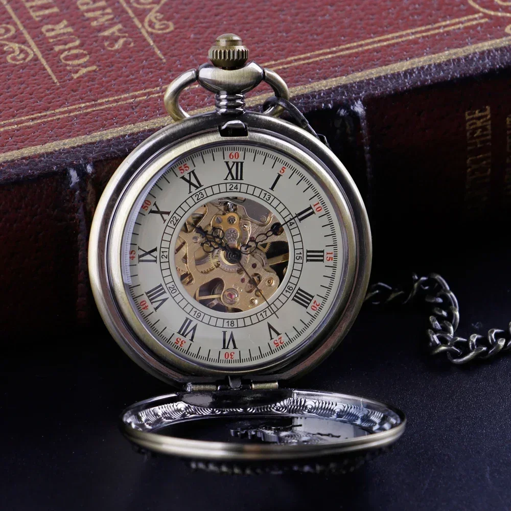 

2025 Mens Hand-winding Skeleton Dragon Mechanical Pocket Watch Chain Retro Pendant Timepiece Roman Numerals Display Pocket Clock
