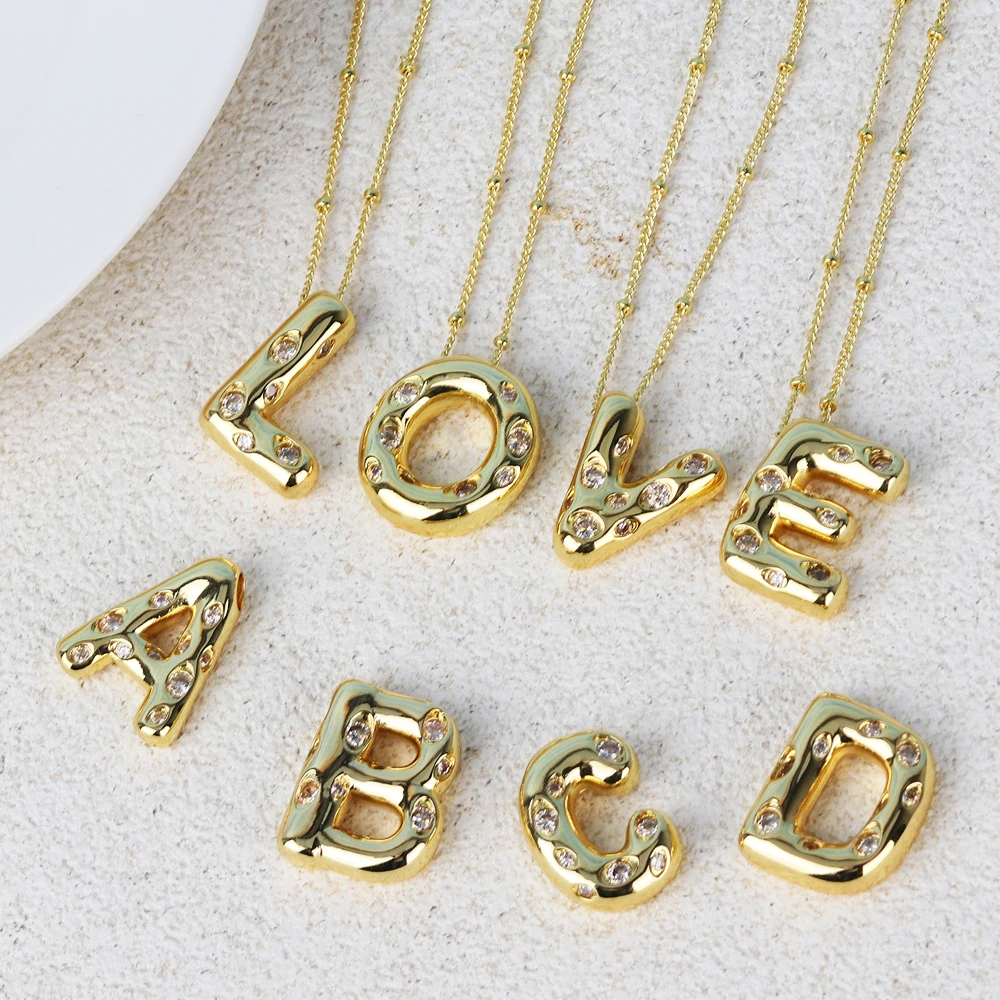 Zircon Chunky Alphabet Balloon Letter Pendant Necklace A-Z Name Bubble Necklace for Family Women Men Fashion Jewelry Gifts