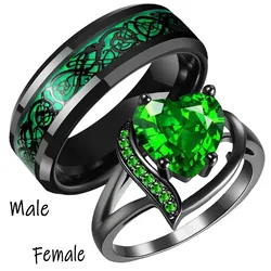 Luxury Couple Romantic Women's Heart Shape Green Zircon Ring for Men Stainless Steel Celtic Dragon Ring Wedding Jewelry Gift