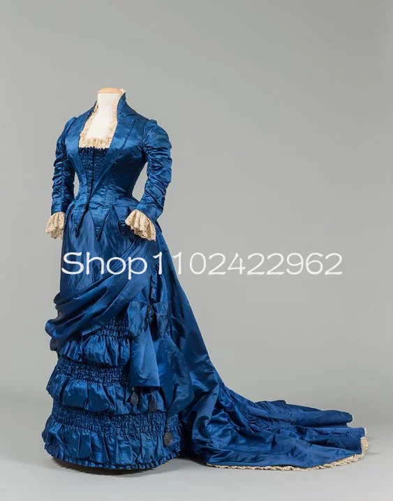 Vestido de baile victoriano azul marino Steampunk, vestidos de graduación con manga larga, mancha de seda fruncida, vestido de noche histórico de reserva occidental