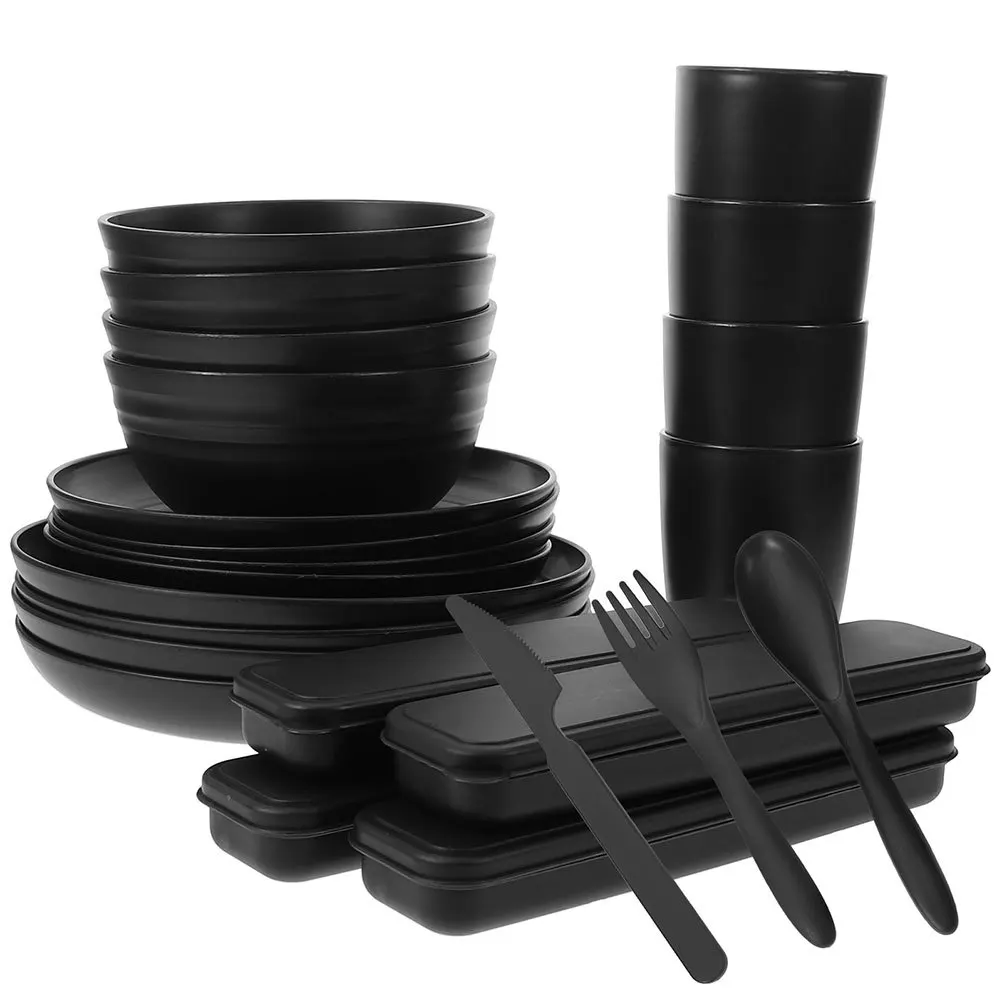 

4 set Black Tableware Set Reusable Portable Camping Dinnerware For Travel Picnic Lunch Box Bento Bowl Cutlery Set With Case