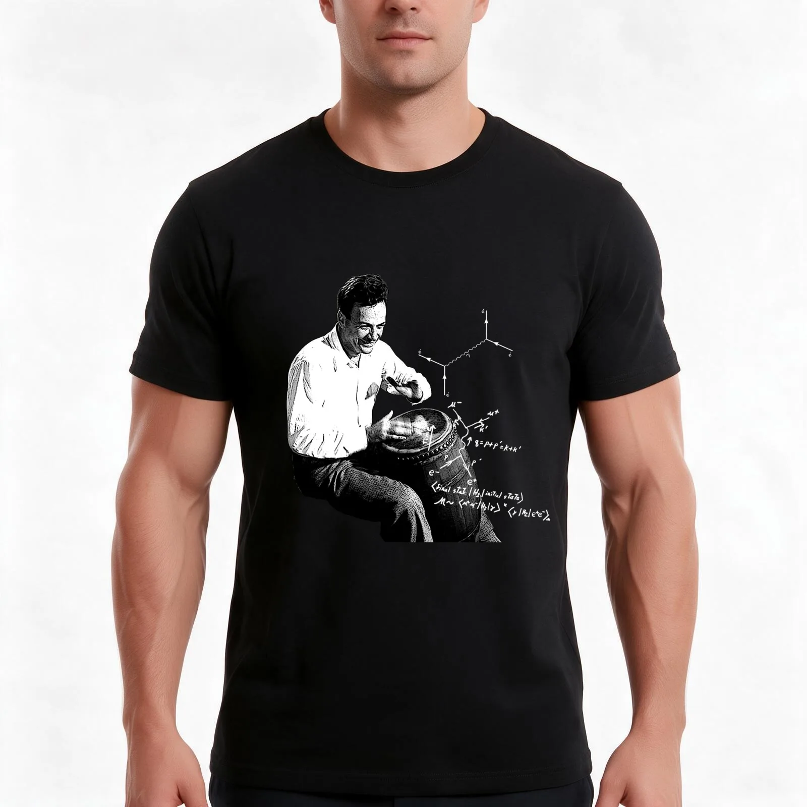 Richard Feynman Bongos T-Shirt, Summer Casual Cotton Tee, Oversized Streetwear Tops, Vintage Graphic Print, Unisex Men Women