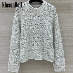 9.2 KlasonBell Women Fashion Bling Sequins Crochet Hollow Out Knitwear Argyle Plaid Jacquard Soft Wool Alpaca O-Neck Sweater