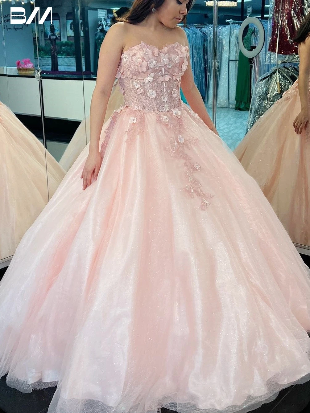 Pink 3D Floral Lace Strapless Ball Gown Strapless Appliqued Quinceanera Dress 2024 New Arrival Vestidos De 15 Quinceañera