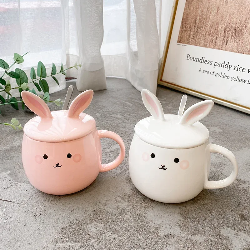 Cartoon Rabbit with Lid Spoon Ceramic Cup Coffee Breakfast  Mug Cute Student Couple    Household Kitchen Supplies