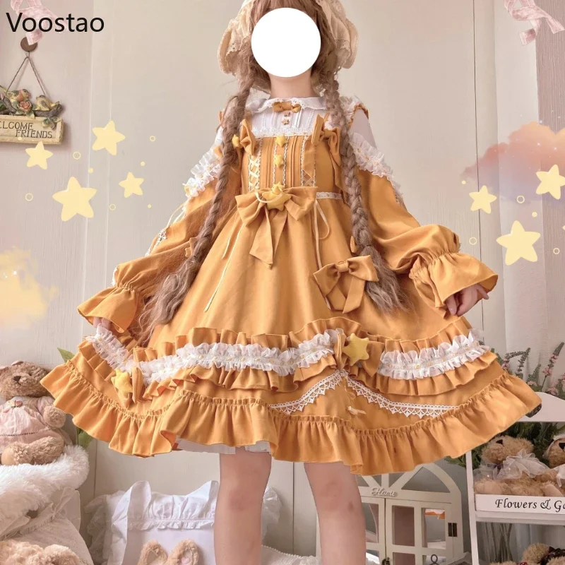 Women Cute Little Star Ruffles Long Sleeve Princess Dress Female Kawaii Tea Party Dress Original Japanese Sweet Lolita Op Dress