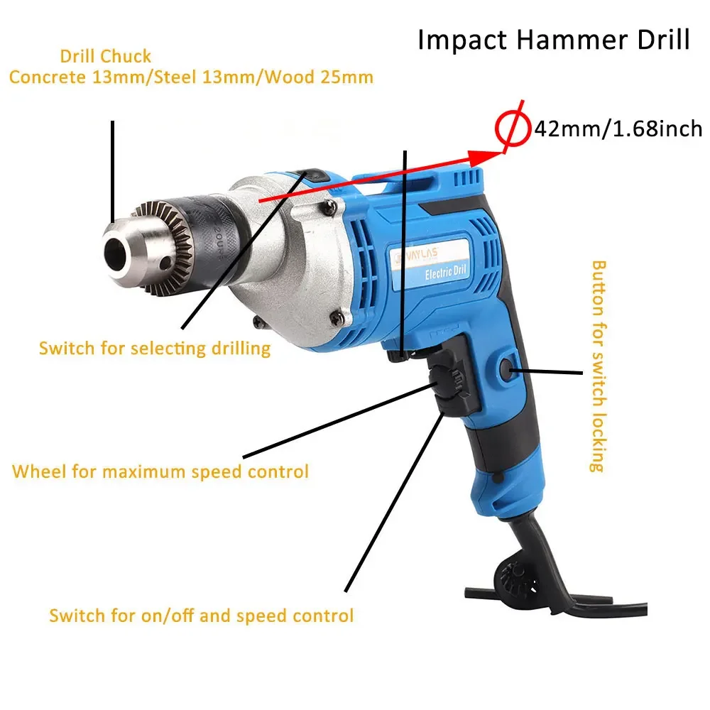 220V Impact Drill Corded Electric Screwdriver Industrial Grade Power Tool Hammer Drill