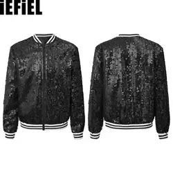 Kids Girls Sequin Dance Coat Baseball Jackets Sparkly Long Sleeve Front Zip Up Striped Trim Outerwear Party Bomber Jackets