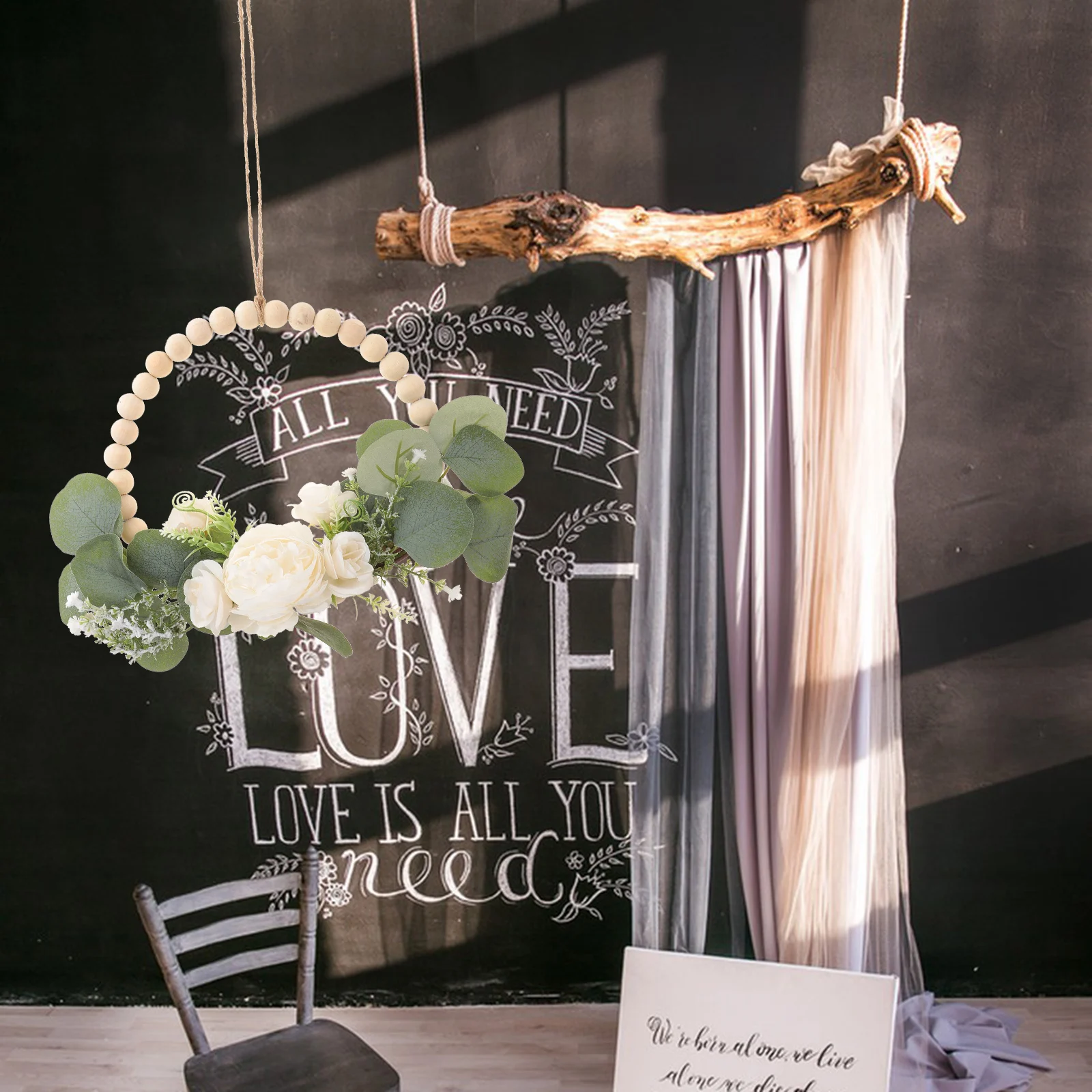 

Wooden Bead Fake Flowers Valentine Wedding Birthday Home Office Decor Farmhouse Beads Hanging Door Decorative