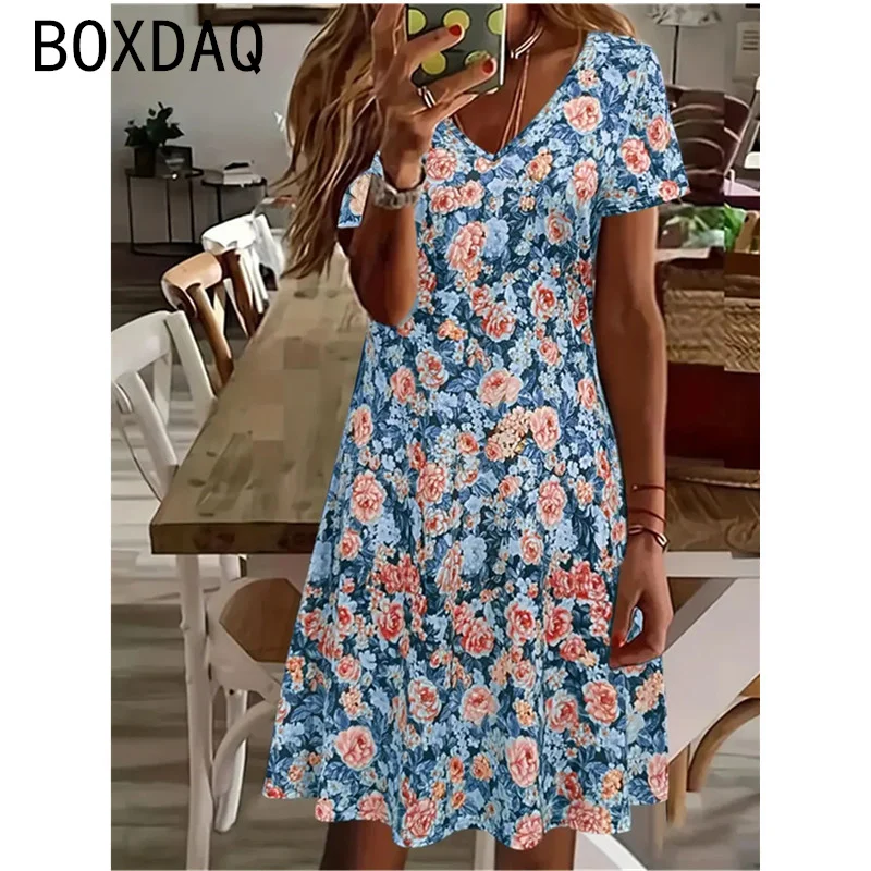 Vintage Elegant Floral Print  A-Line Dress Women Summer Short Sleeve V-Neck Beach Casual Dress Big Size Lady Simple Street Dress