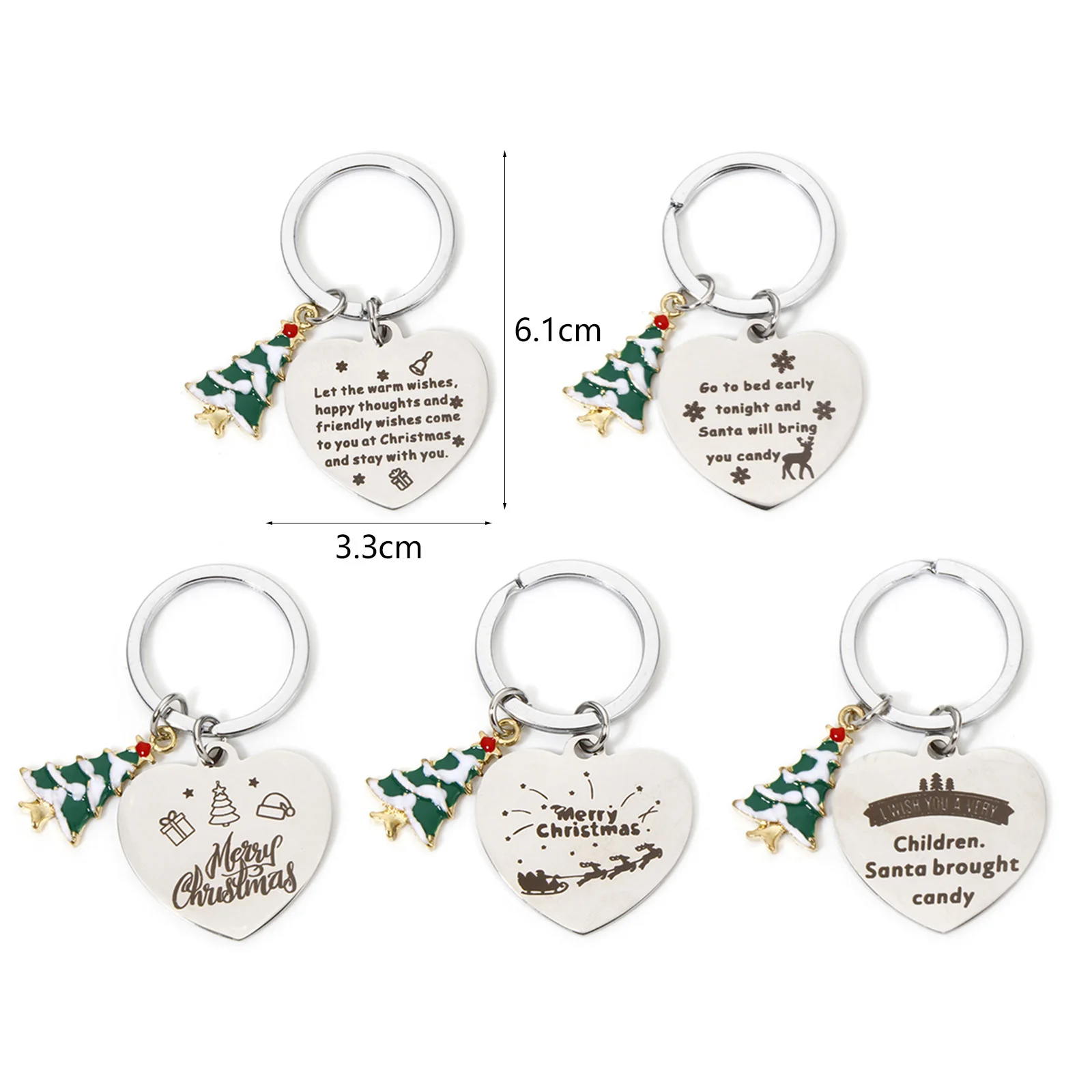 1pc 304 Stainless Steel Christmas Keychain & Keyring Silver Color Heart Christmas Tree Bag Hanging Decoration  6.1cm X 3.3cm