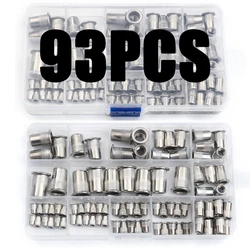 93Pcs M3 M4 M5 M6 M8 M10 Flat Head Stainless Steel Rivet Nuts Set Insert Reveting Multi Size Stainless Steel Rivet Nuts Set