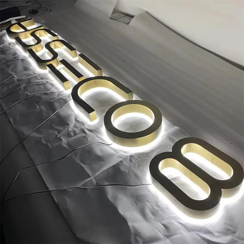 3D Backlit stainless steel letter sign Custom Gold Business Signs Outdoor Storefront Backlit Signs 3D Gold Illuminated Logos