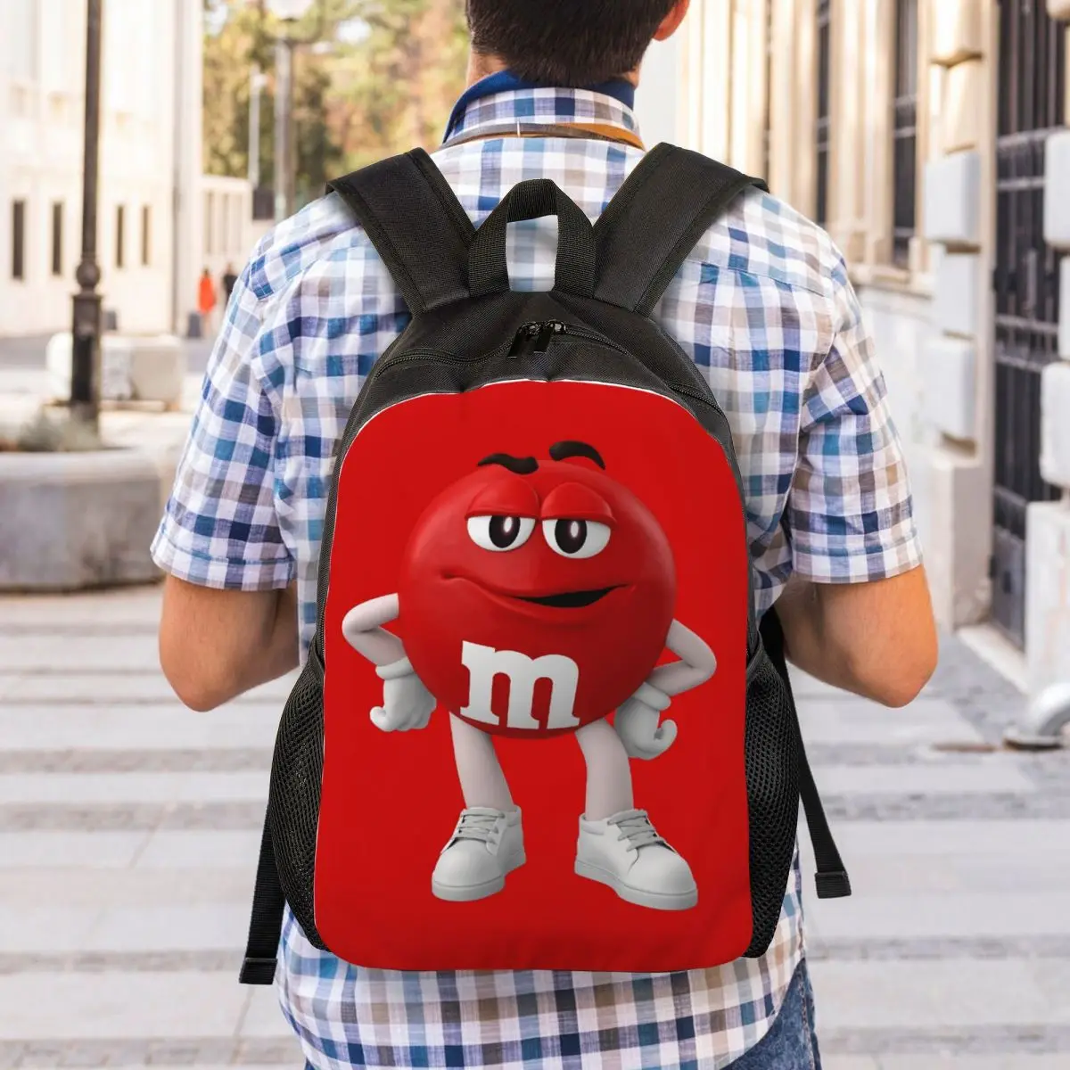 Personalizado Double M-M Chocolate Mochila Mulheres Homens Casual Bookbag para College School Candy Character Face Bags