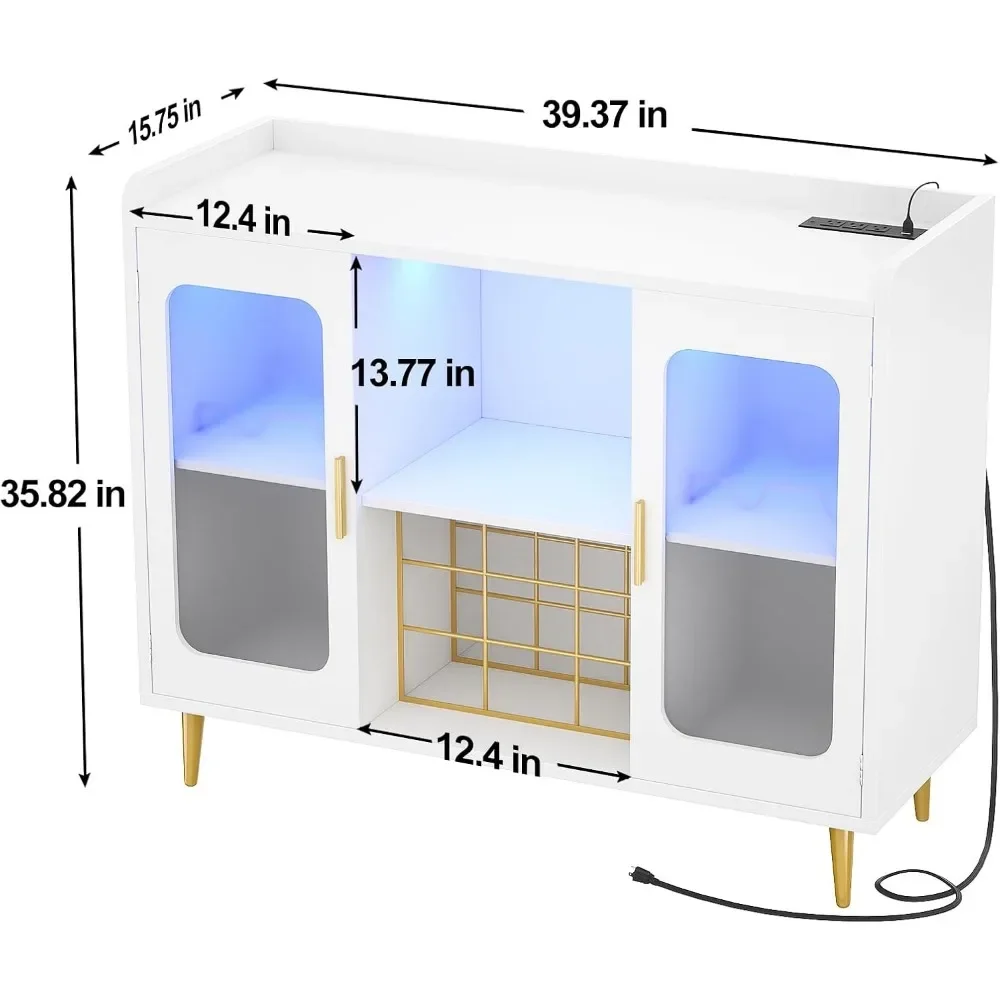Wine Bar Cabinet W/ Power Outlet - LED Lit Liquor Cabinet W/ Glass Holder