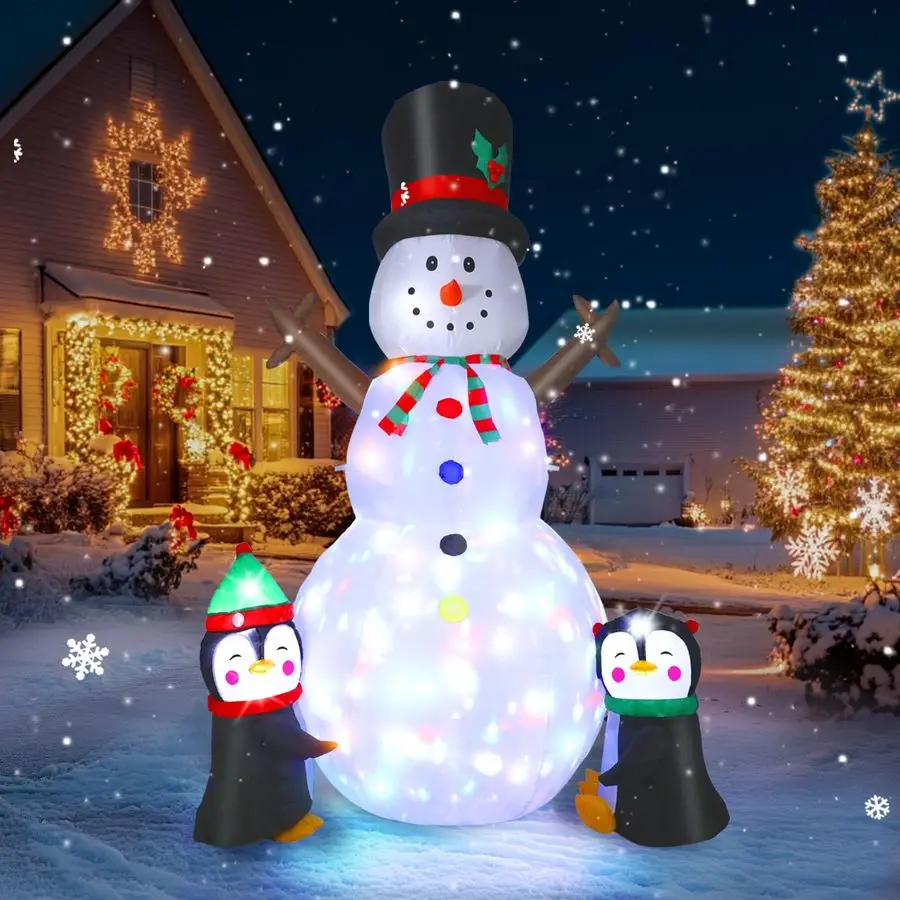 

8FT Christmas Decs Inflatable Snowman, Christmas Blow Up Yard Decs Snowman with Penguins, Builtin Colorful Rotating LED Lights,