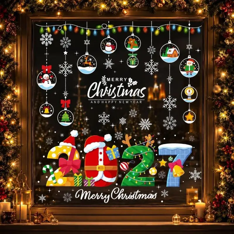 1/2/4 Sheets 2027 Christmas Snowman Pinecone Static Stickers Santa Claus Window Glass Decals Holiday Home Decorations