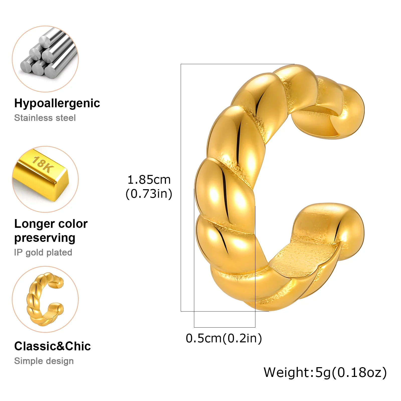No Piercing Golden Ear Cuff for Women, Stainless Steel Chunky Twisted Clip on Fake Earrings Stackable Jewelry