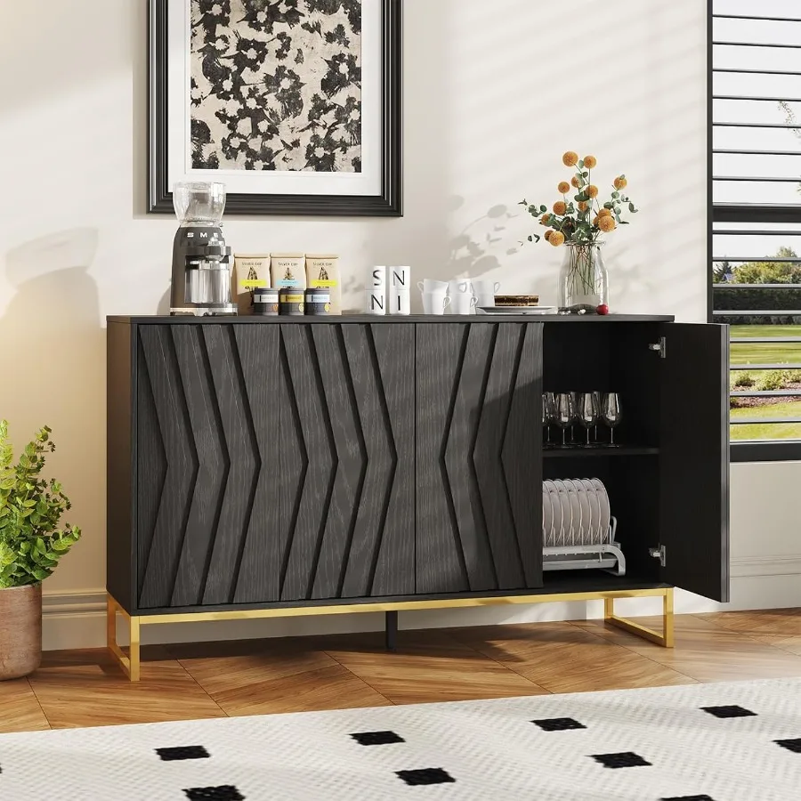 55 Mueble Buffet con aparador de almacenamiento Buffet con 4 puertas Mesa consola moderna con estante ajustable y patas de metal Ac negro