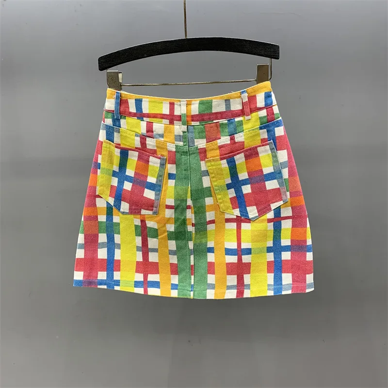 [zoci] Elegant Color Checkered Printed Denim Skirt Women 2024 Summer New High Waist A-line Hip Hugging Short Skirt