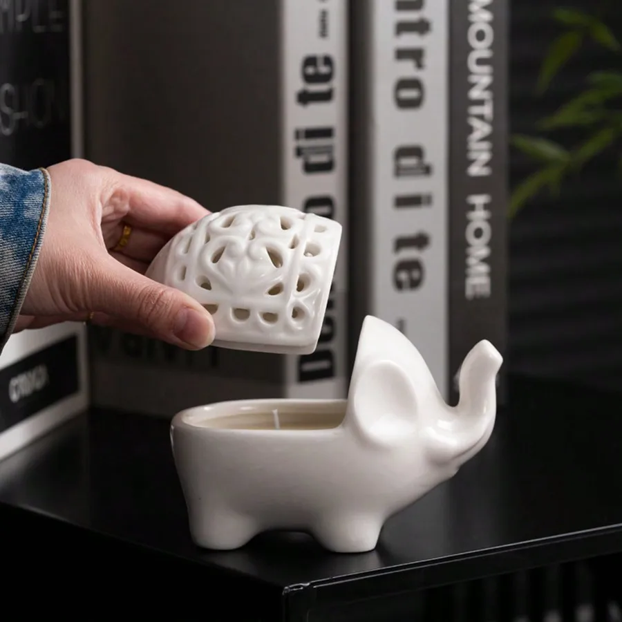 Cute Elephant Ceramic Aroma Burner Hollow Carved Essential Oil Wax Melt Warmer Tealight Candle Holder Home Decor