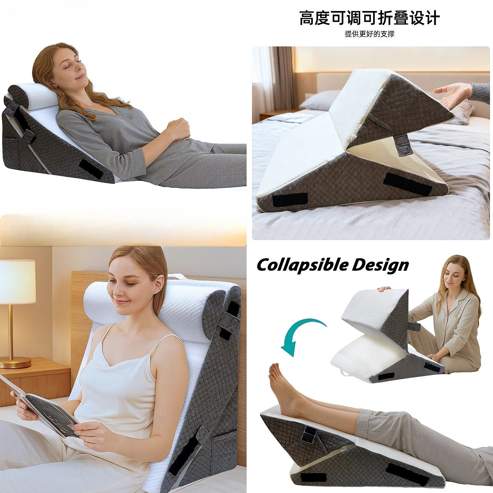 Adjustable 3-Piece Wedge Pillow Set for Back Discomfort, Removable High-Density Triangular Bed Pillow