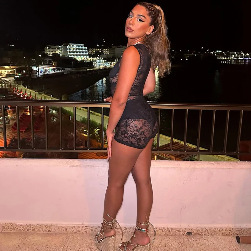 Female short jumpsuit summer 2025 trend new See-through lace bodysuit hot clothes sexy romper tight body sleeveless one pieces