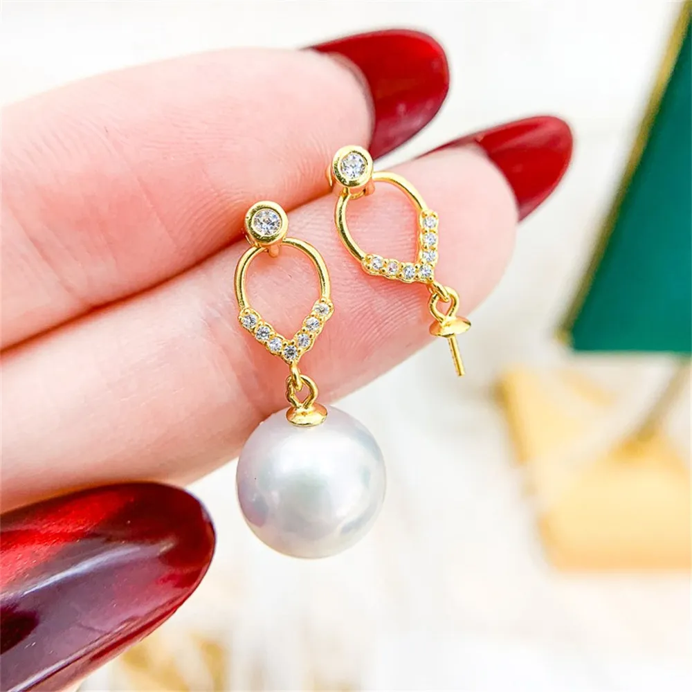 DIY Pearl Accessories S925 Sterling Silver Earrings Empty Gold Silver Earrings Fit 9-13mm Round Beads E371