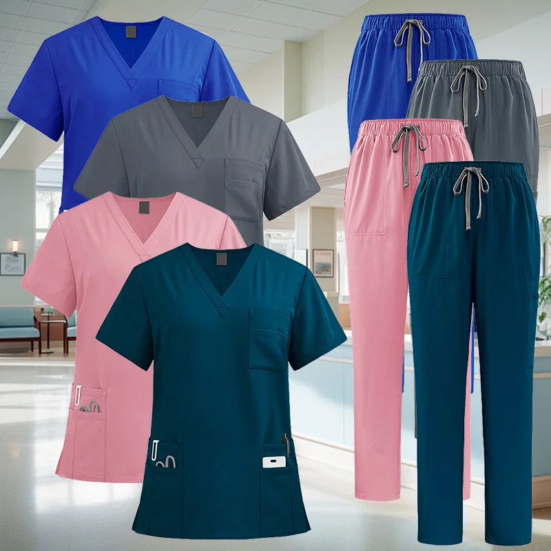 

Medical Uniform Nurse Scrub Sets Women Men Zipper Basic Pro 2 Piece Top Drawstring Pants Heather Nursing Slim Tunic