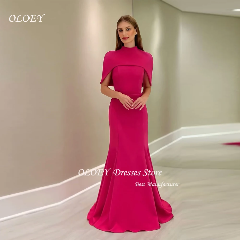 

OLOEY Long Fuchsia Mother of the Bride Dresses Mermaid Crepe Strapless فساتين سهرة Watteau Train Godmother Dress Customized