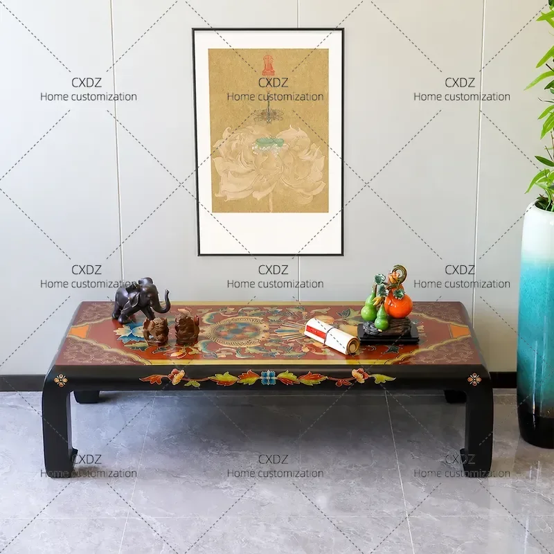 Tibetan Style Solid Wood Coffee Table Ethnic Living Room Tea Table with Eight Treasures Decorative Strip Aesthetic Low Table