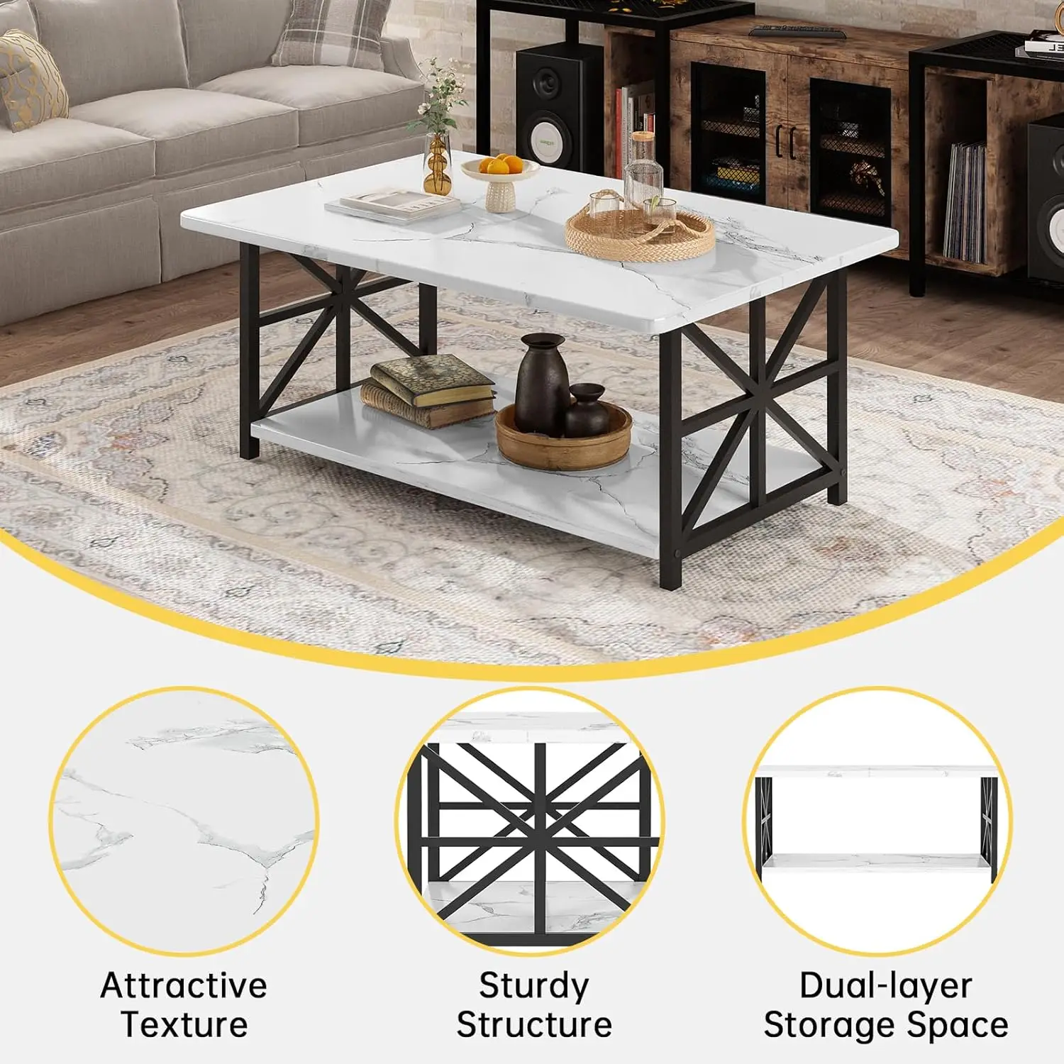 طاولة قهوة من الرخام الصناعي لغرفة المعيشة بزوايا مستديرة، طاولة غرفة معيشة من طبقتين مع رف تخزين، طاولة قهوة مستطيلة