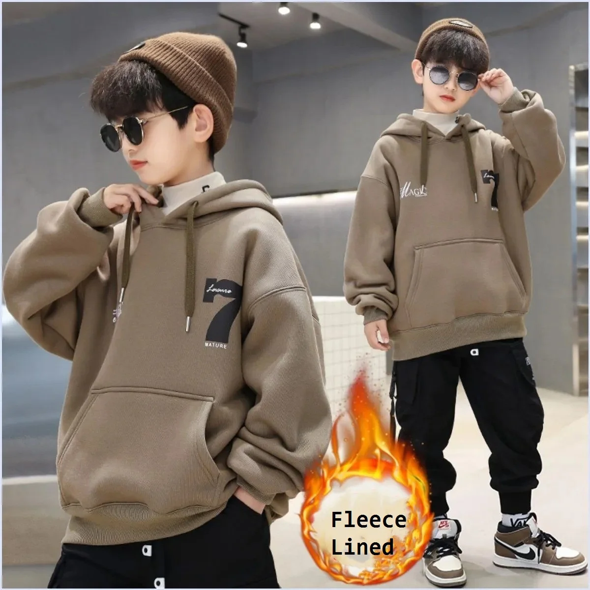 

Winter Warm Boys Cotton Fleece Lined Alphabet Sweatshirt Jacket School Kids Track Pullover Coat Tops Child Work Jumper 7-16Years