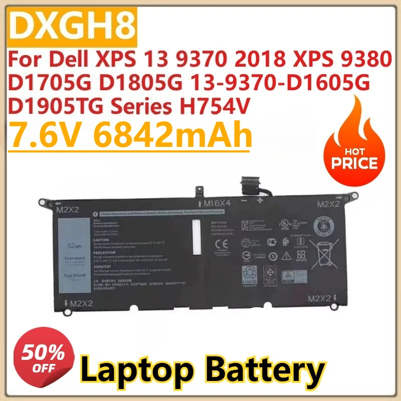 

New DXGH8 Laptop Battery 7.6V 6842mAh For Dell XPS 13 9370 2018 XPS 9380 D1705G D1805G 13-9370-D1605G D1905TG Series H754V