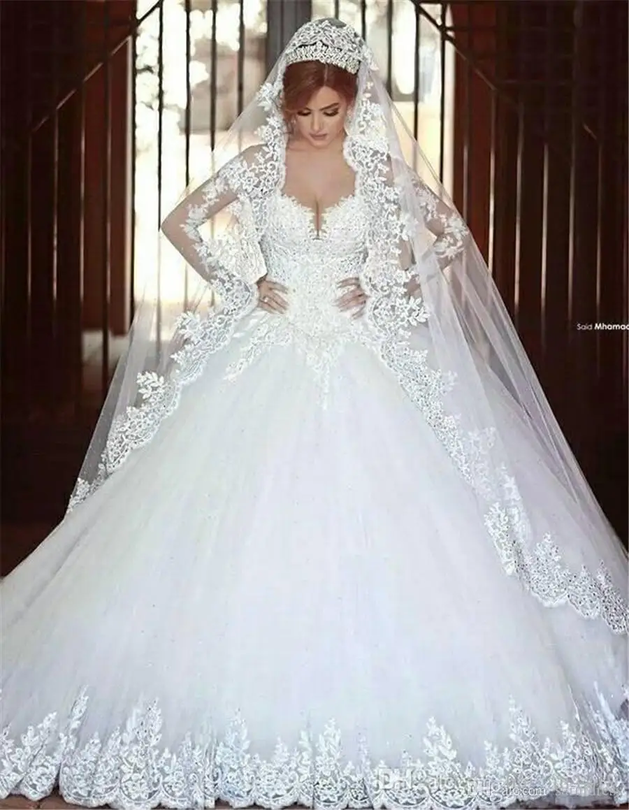 Customized Sweetheart Long Sleeves Lace Appliques Beads Long Chapel Train Plus Size Bridal Gowns Modern Arabic A Line Wedding Dr