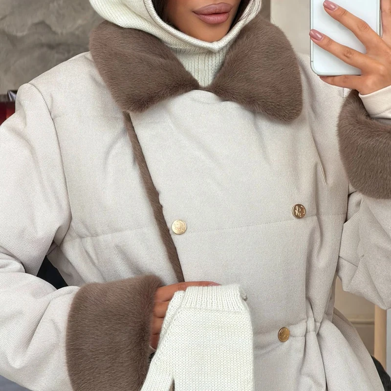 Casual Thicken Fur Patchwork Coats Women Full Sleeve Lapel Double Breasted Closed Waist Jackets Female 2026 Winter Lady Outwears