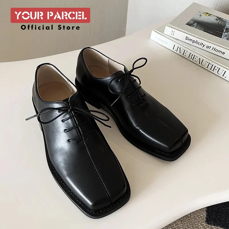 Flat square toe leather shoes for men's trend Korean version British style can be paired with a suit retro Derby shoes