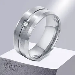 Vnox 8mm Men's Wedding Band, AAA CZ Stone Solitaire Ring, Matte Stainless Steel Grooved Line Ring, Simple Casual Bridegroom Ring