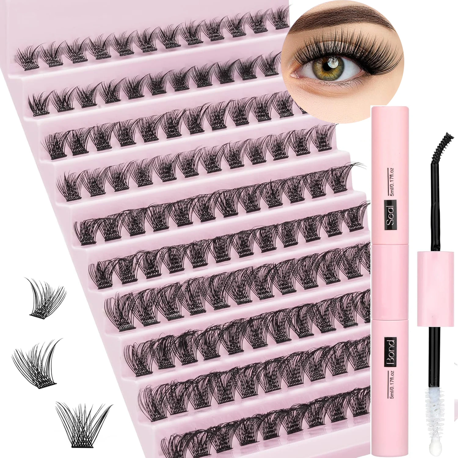 Lash Clusters DIY Lash Extension Kit 120 Pcs Length D Curl Mix 8-16mm with Strong Hold Lash Bond and Seal and Cluster Eyelash