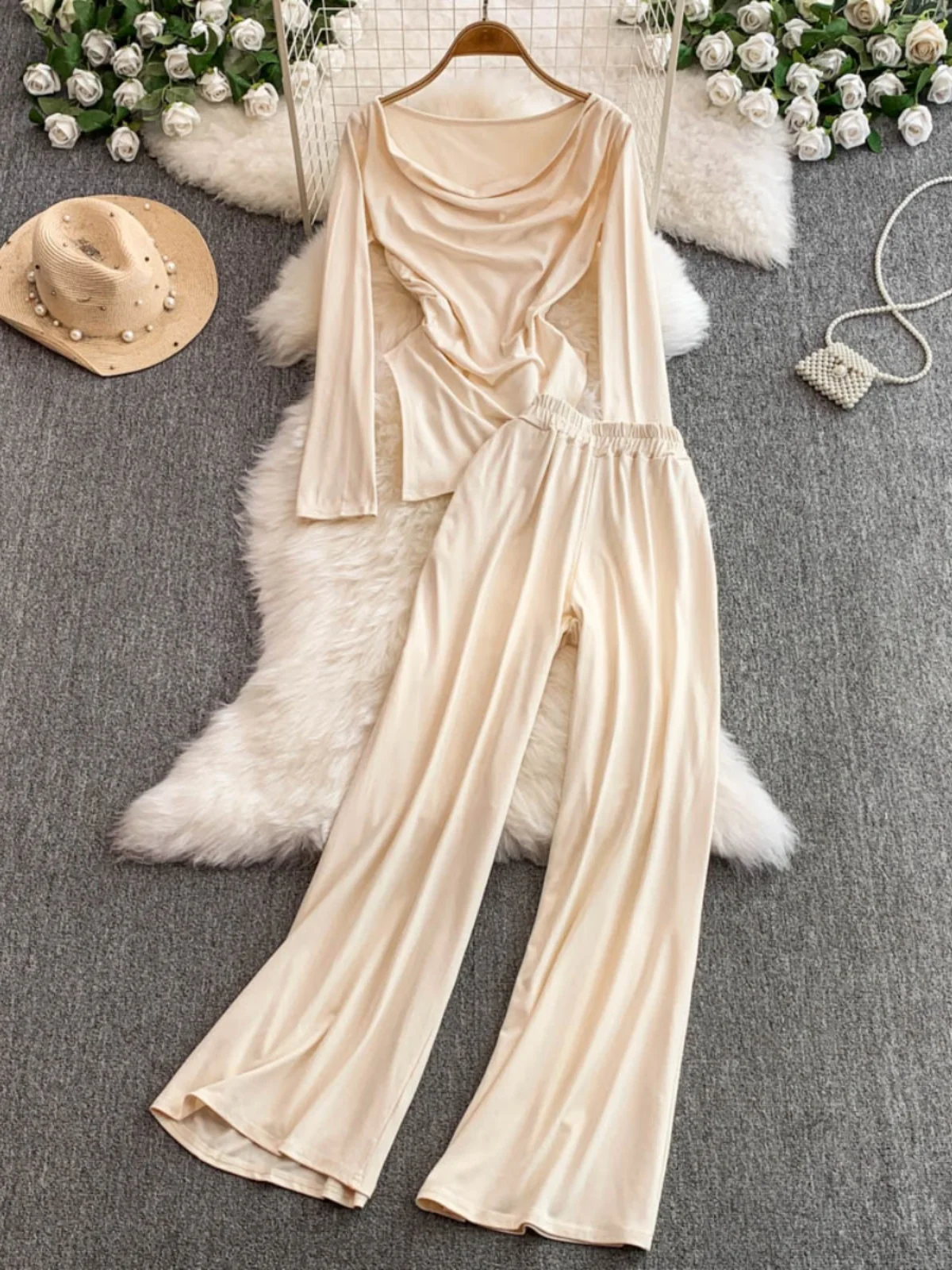 

Pure Desire Sle на одно плечо, длинный женский комплект с высокой талией, утягивающие широкие брюки, повседневная весенняя коллекция Faion