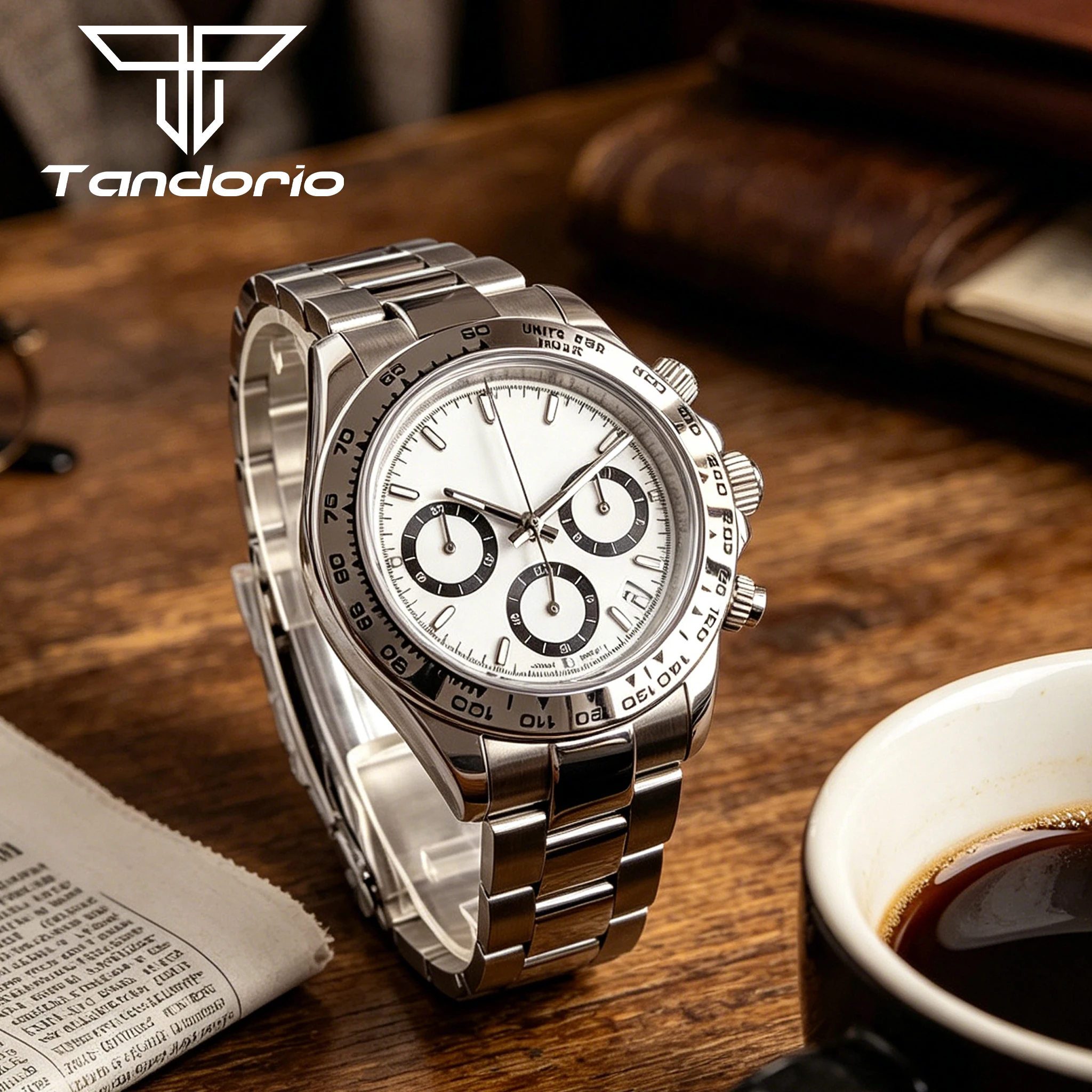 

Tandorio 39MM Japan VK63 Chronograph Quartz Watch Men White Dial Silver/Black Bezel Stop Wristwatch Sapphire Glass 316L Bracelet