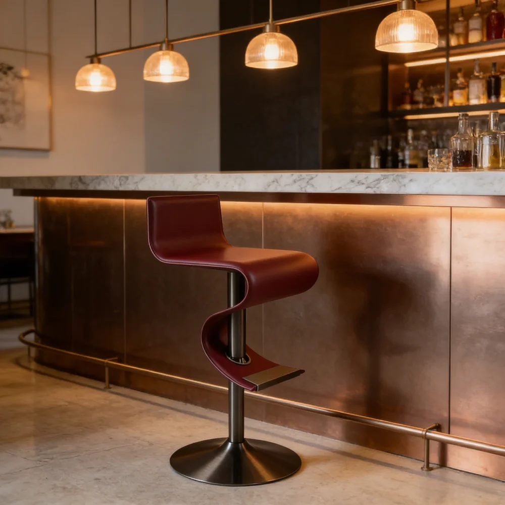 %J Italian Leather Bar Stool Modern Adjustable Height S-Shape High Chair with Metal Base for Cafe Counter & Home Bar