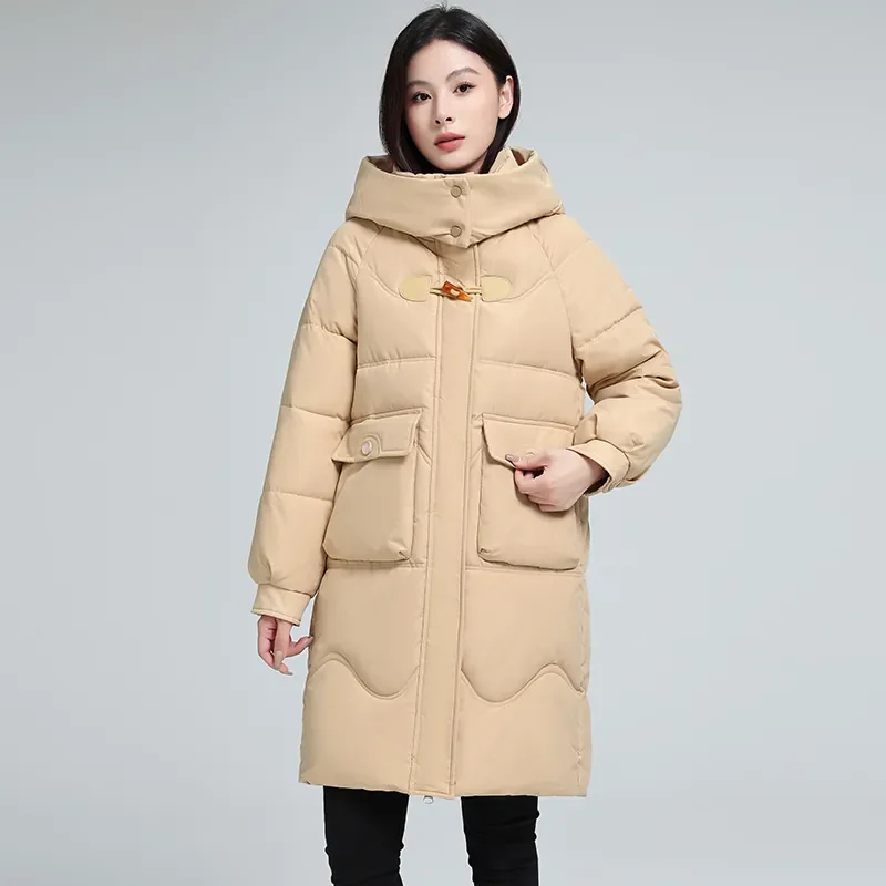 Autumn Winter New Removable Hat Cotton Coat Loose Duffle Buckle Down Cotton-Padded Jacket Women's Overcoat Mid-Length Warm Parka