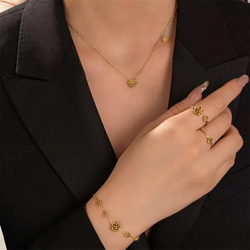 EILIECK 316L Edelstahl Goldfarben Blumen-Herz Halskette Armband Ohrringe Set für Damen Trendiger Wasserdichter Schmuckset Geschenk – Detail 6