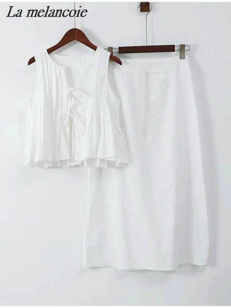 Cotton Linen White Shirt For Woman Folded Ruffles Lace Up Bow Shirts+Long Skirt Summer 2024 New Fashion Casual Sleeveless Tops