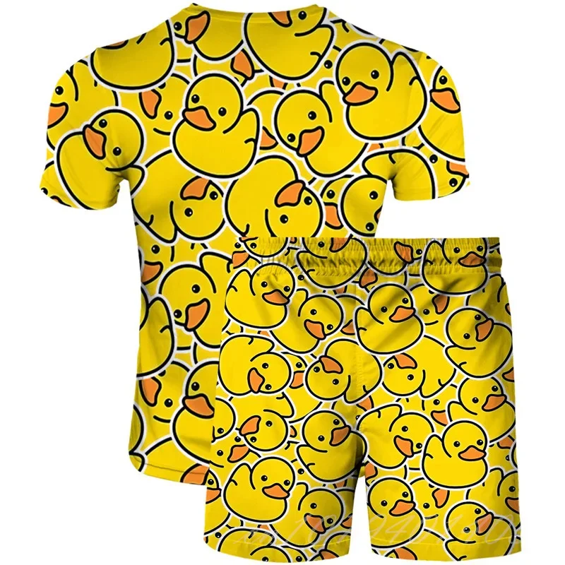 Funny Little Yellow Duck Summer Men\'s Set OverSize Printed Short Sleeve Shorts Suit 2 Pieces Fashion Trend Streetwear Clothing