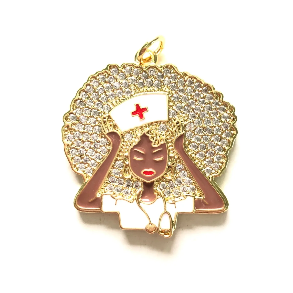 5pcs Afro Black Girl Nurse Charms Nurse's Day Gift Zirconia Pendant Women Bracelet Necklace Making Gold-Plate Jewelry  Accessory