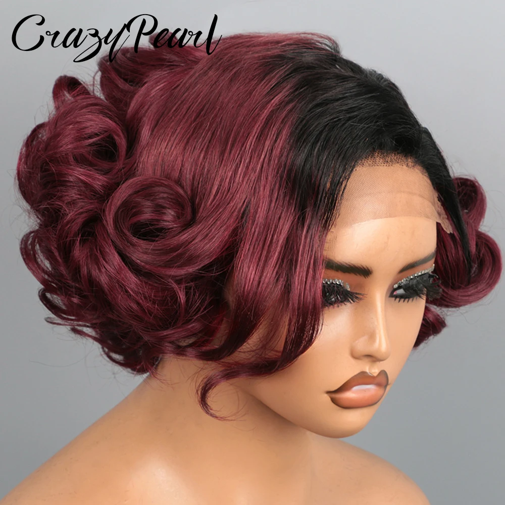 

T1B Burgundy 99J Lace Front Wig Human Hair Short Bob Ombre Black Root Wine Red Curly Pre Plucked Natural Hairline Vintage Style