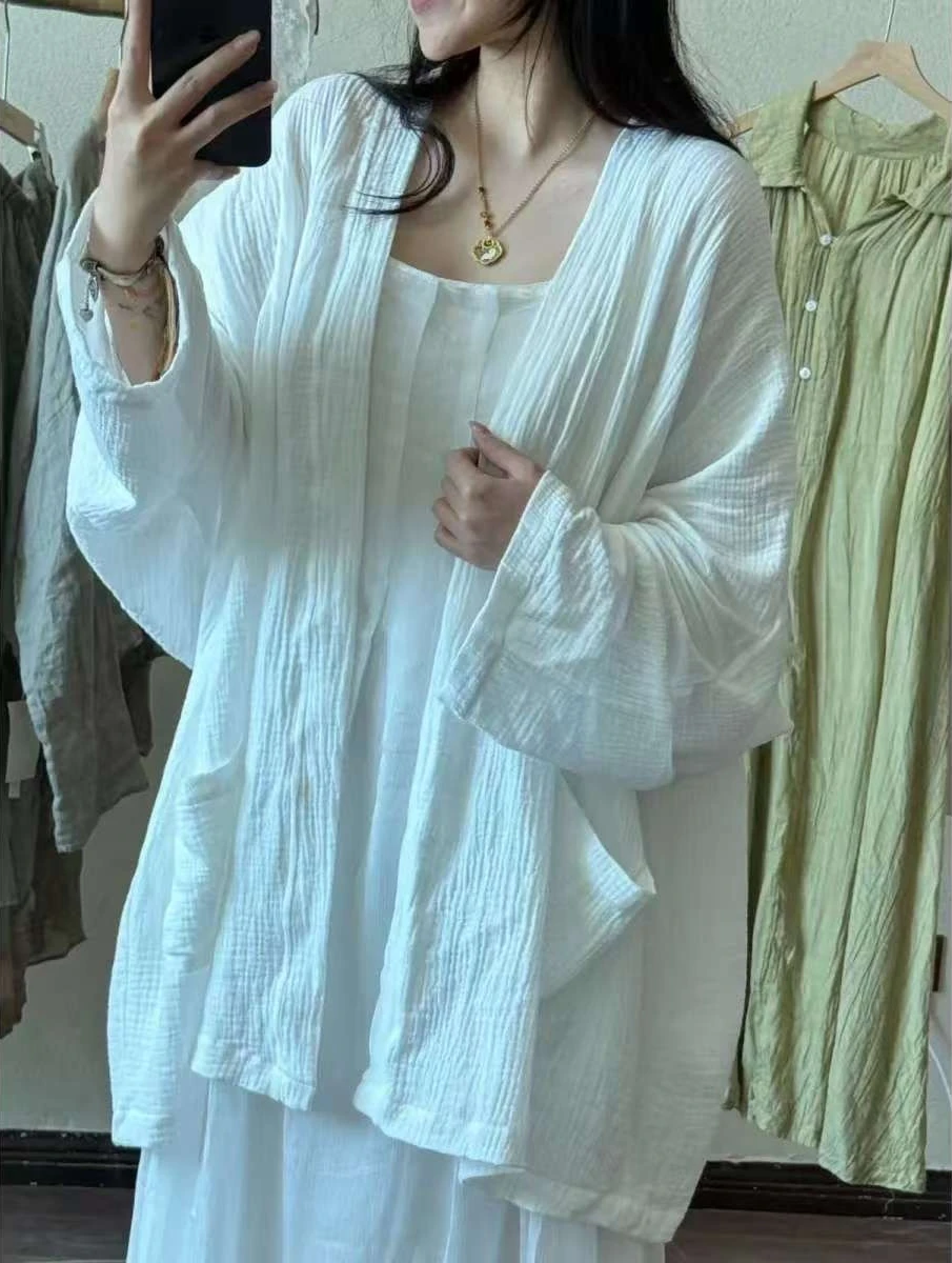 Healing Zen Style Women's Cotton Linen Hanfu Outerwear V-Neck Loose Fit Thin Spring Season Regular Length Dream Ensemble