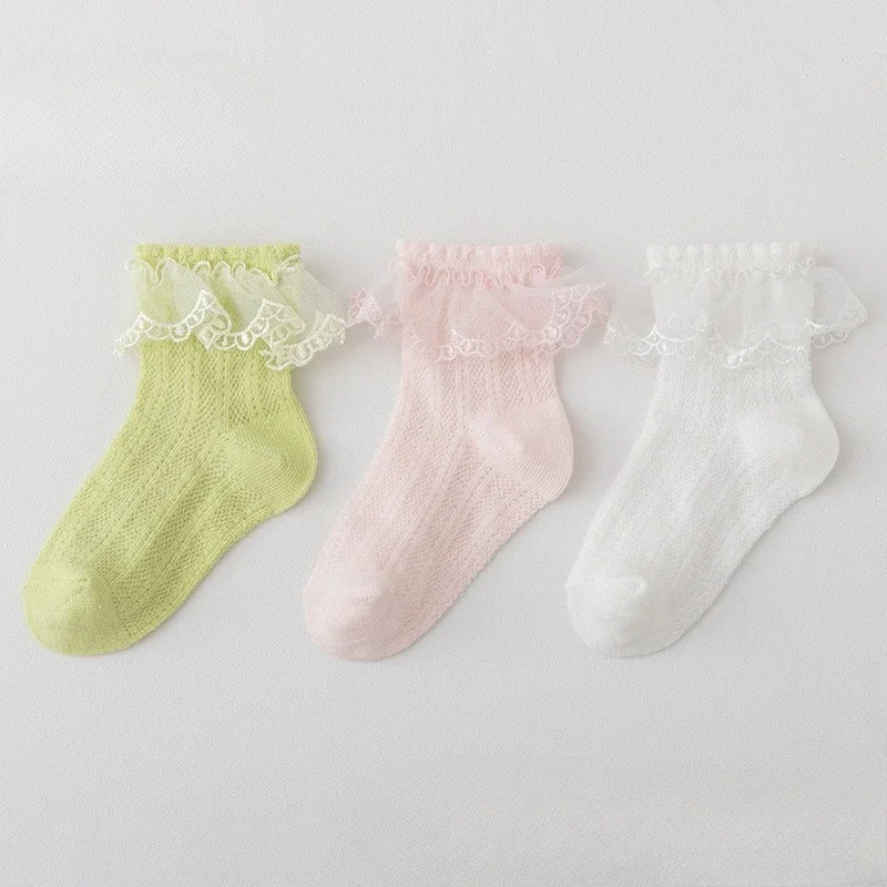 3 pairs of baby summer thin lace socks, girls' mesh lace socks, baby breathable short socks